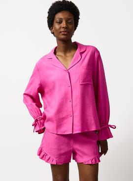 Pink Frill Detail Shortie Traditional Pyjamas with Linen