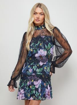 OASIS Printed Lace Tiered High Neck Balloon Sleeve Mini Dress