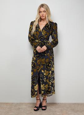 OASIS Floral Shoulder Pad Long Sleeve Midi Dress