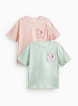 Relaxed Short Sleeve Crochet Pocket T-Shirts 2 Pack