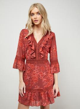 OASIS Printed Lace Detail V Neck Ruffle Mini Dress