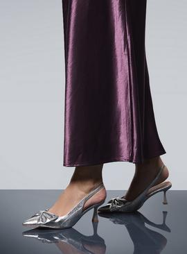 OASIS Dora Faux Metallic Leather Bow Slingback Medium Stiletto Heeled Court Shoes Silver