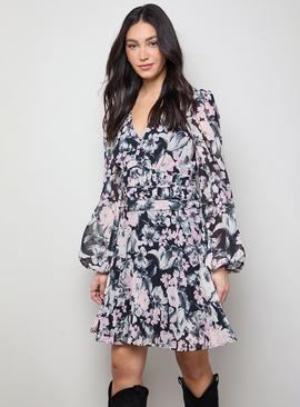 OASIS Printed Pleated Skirt Long Sleeve Mini Dress Mono