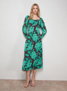 OASIS Printed Chiffon Shoulder Detail Shirred Back Midi Dress