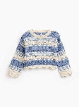 Blue & Cream Crochet Stripe Jumper