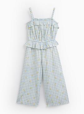 Blue Gingham Lemon Embroidered Sleeveless Jumpsuit