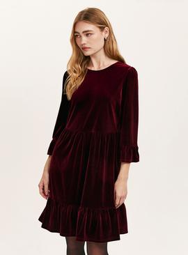 FINERY Camie Velvet Mini Dress Burgundy