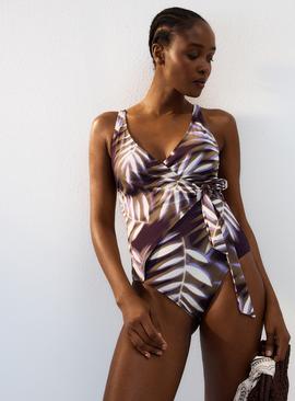 Purple Leaf Print Wrap Front Swimsuit