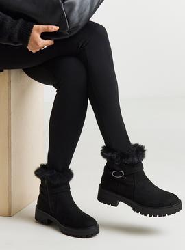 JD WILLIAMS Chunky Ankle Boot With Faux Fur Trim Extra Wide Fit