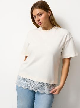 Brown Oversized Lace Hem Short Sleeve Top