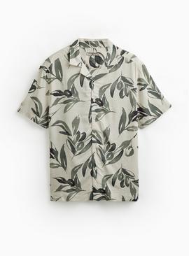 White Olive Print Slub Fabric Revere Neck Shirt