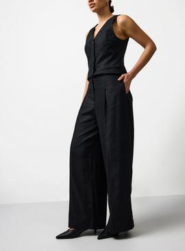Black Linen Blend Wide Leg Trousers