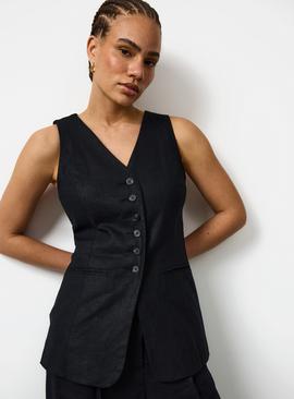 Black Linen Blend Longline Waistcoat