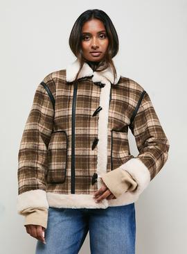 OASIS Shearling Trim Check Coat