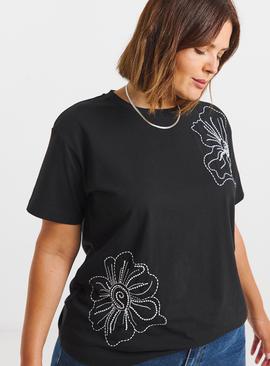 SIMPLY BE Embroidered And Beaded Floral T Shirt