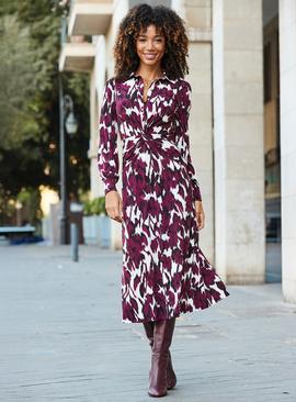 SOSANDAR Burgundy Floral Print Twist Front Shirt Dress