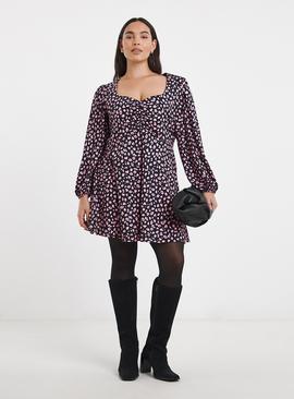 SIMPLY BE Supersoft Midi Dress With Shirred Detail Black Print