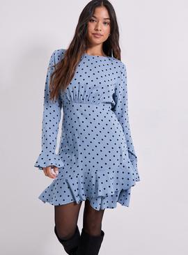 DOROTHY PERKINS Blue Spot Petite Ruffle Sleeve Frill Detail Printed Mini Dress
