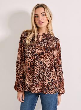 DOROTHY PERKINS Leopard Smocked Yoke Tie Detail Blouson Sleeve Printed Top