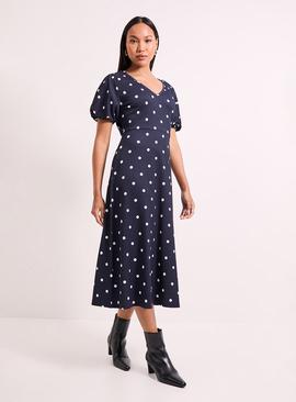 WALLIS Navy Spot Print Jersey V Neck Midi Tea Dress