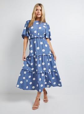 DOROTHY PERKINS Blue Spot Shirred Waist Angel Sleeve Tiered Maxi Dress
