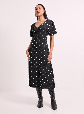 WALLIS Black Spot Print Jersey V Neck Midi Tea Dress
