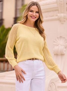 SOSANDAR Lemon Yellow Pointelle Sleeve Boat Neck Jumper
