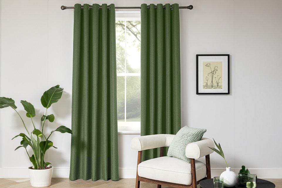 An Argos Home plain blackout green eyelet curtain on a window near a frame hanging on the wall.