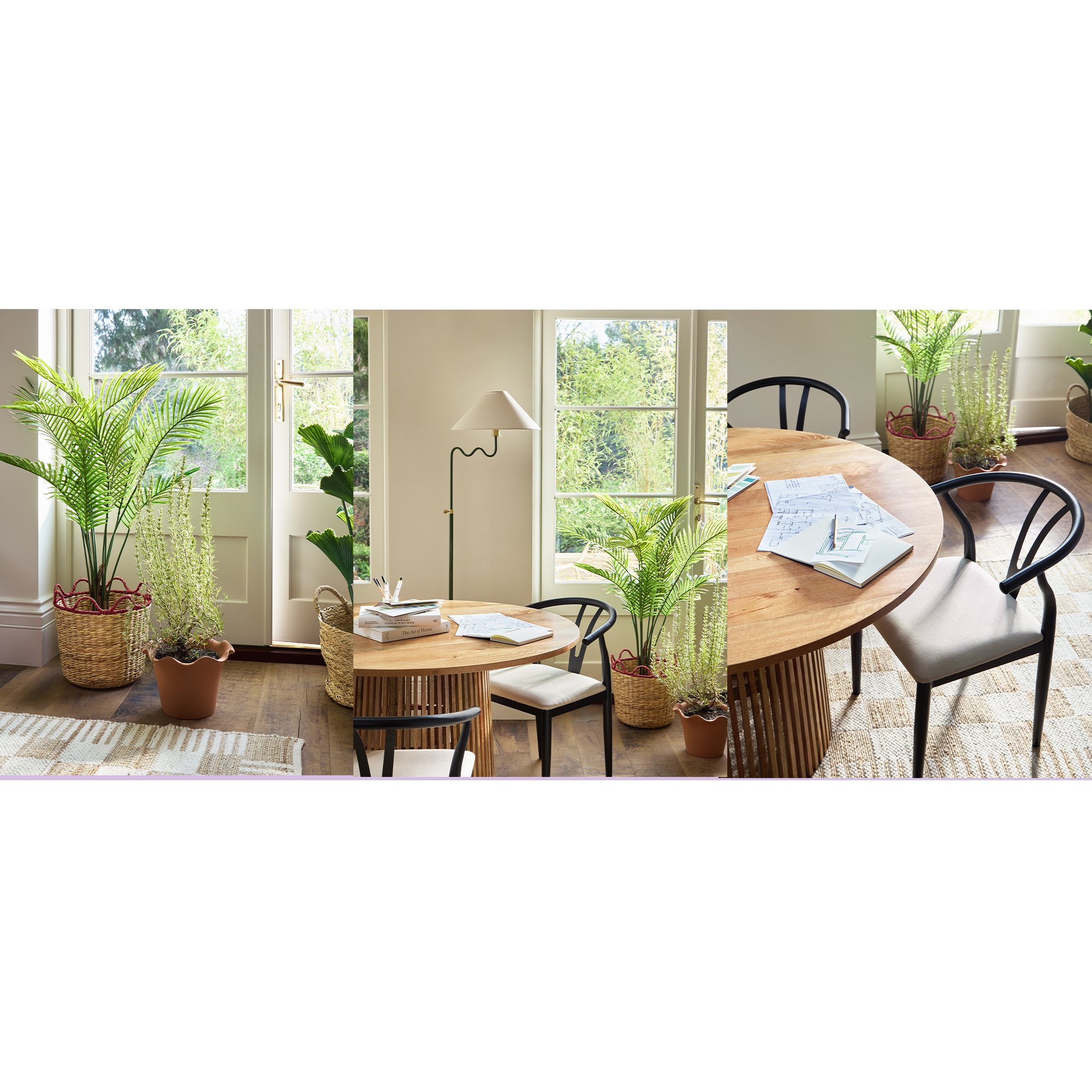 A picture collage of a wooden dining table and black and grey dining chairs with faux indoor plants placed nearby.