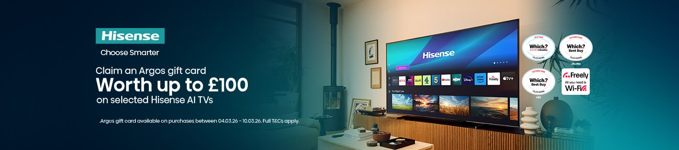 Hisense. Choose smarter. Claim on Argos gift card worth up to £100 on selected Hisense TVs. 