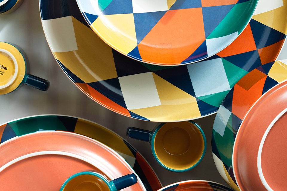 Colourful geometric printed Habitat tableware.