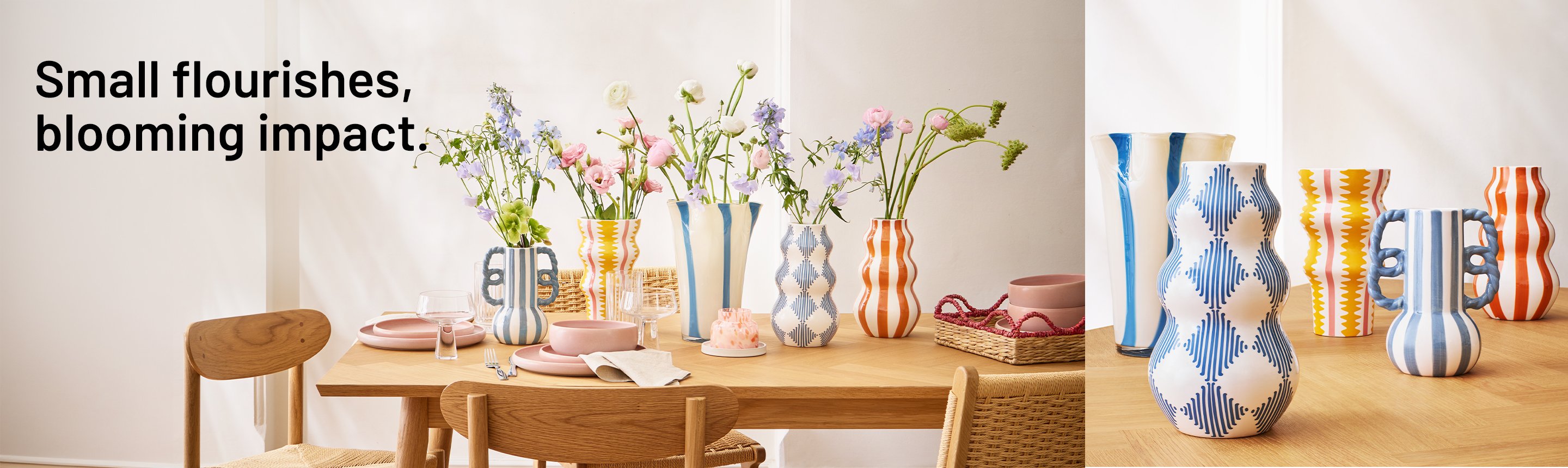 A split image of a wooden dining table with a set of 5 colourful vases and tableware on one side and the close up of the vases on the other side.