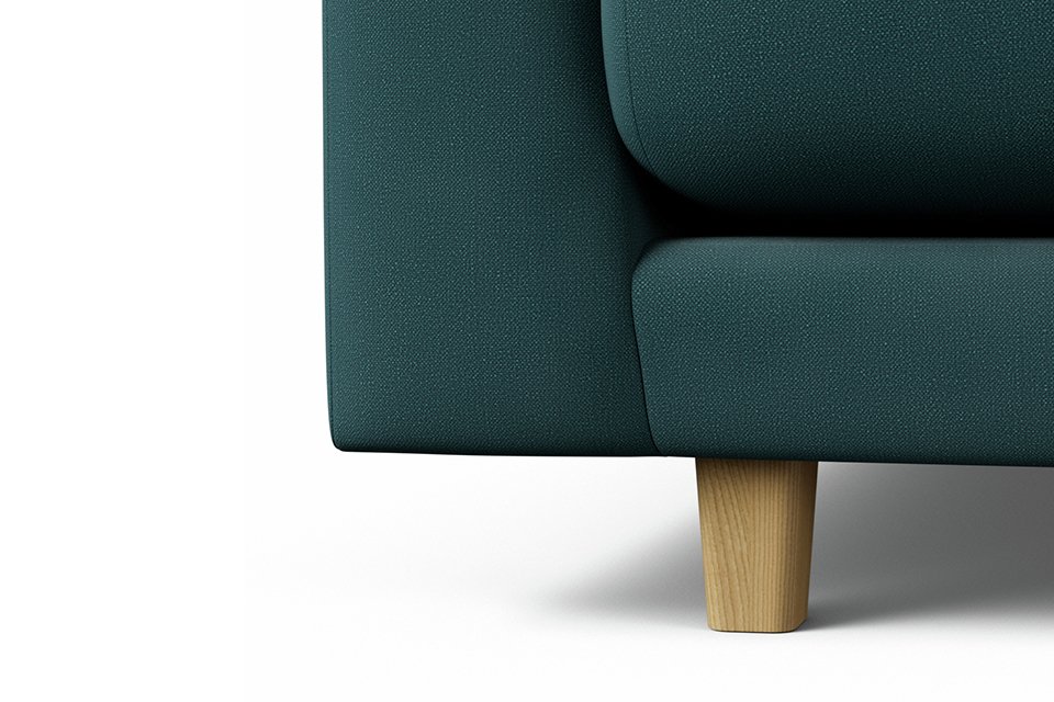Close-up view of the front leg of Habitat Emely Fabric 2 Seater Sofa - Teal - Ash Leg.