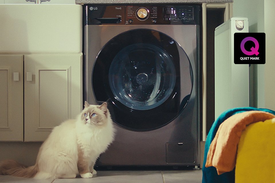 An cat sitting in front of a washing machine with black and purple Quiet Mark logo on the image.