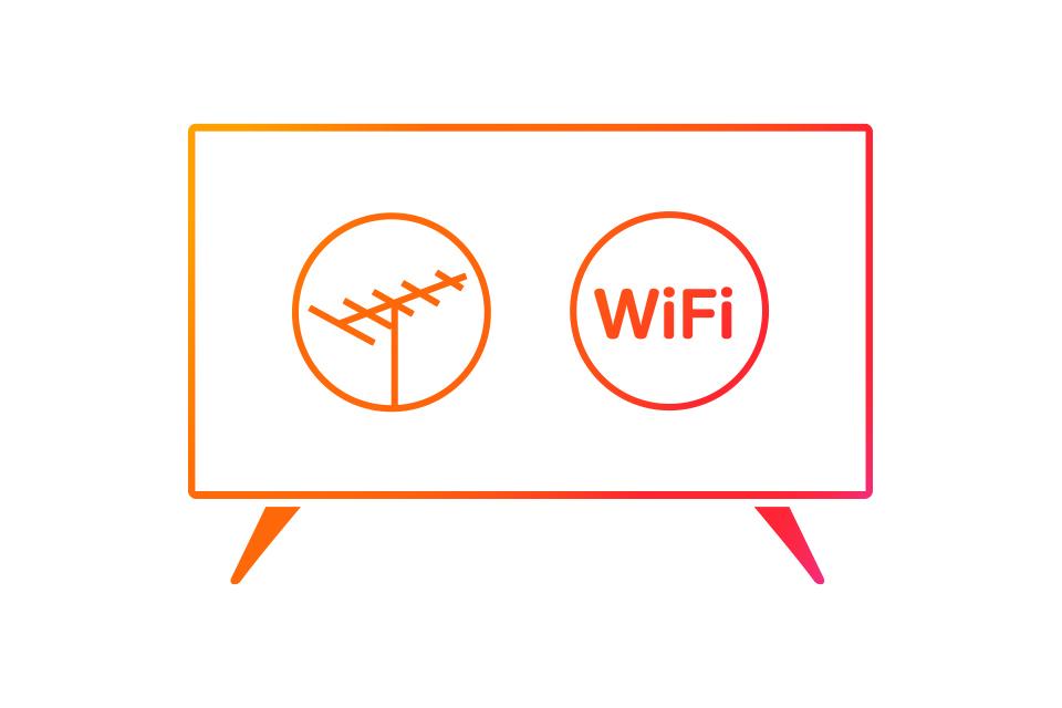  Icons representing an aerial and wifi on an outline of a Freeviw TV.
