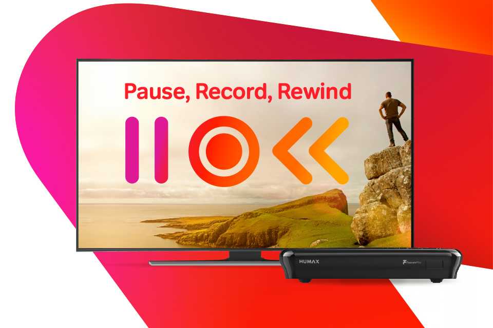 A Freeview play recorder next to a TV screen displaying pause, record and rewind symbols.