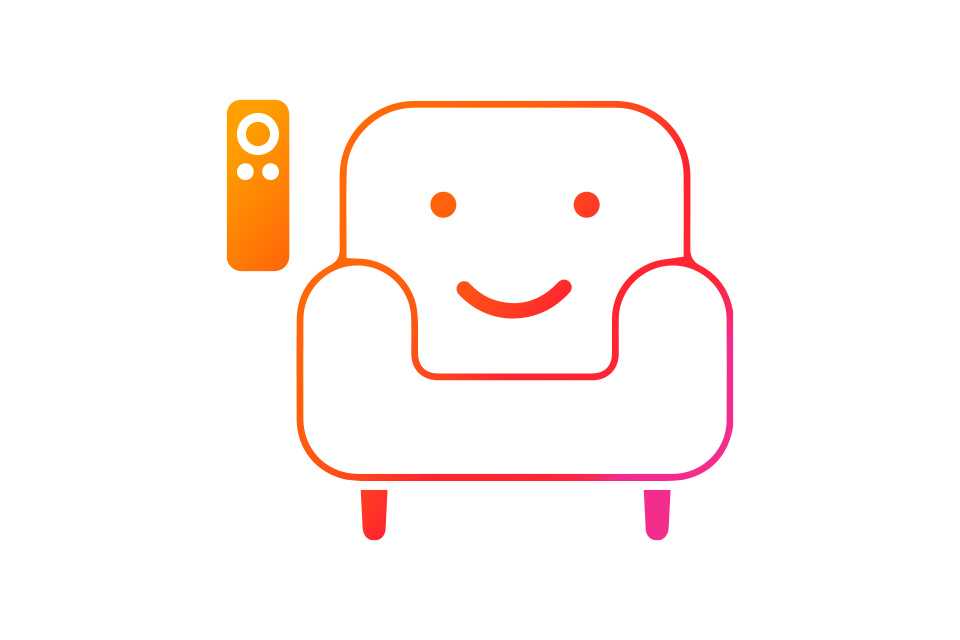 An outline of a couch with a smile and a remote control next to it.