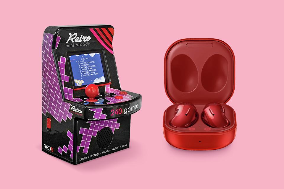 A pair of red Galaxy Buds and a retro mini arcade game.