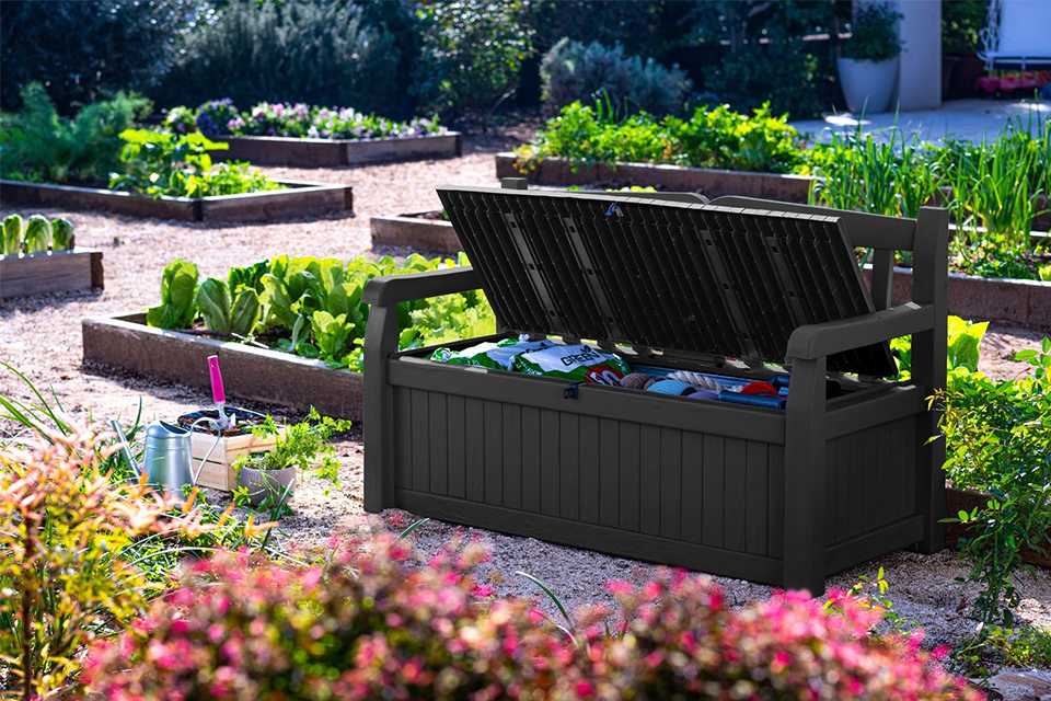 Keter Eden garden bench with storage in grey colour.