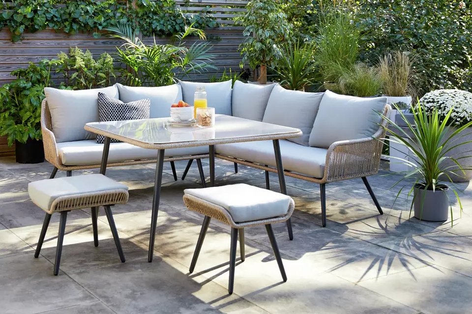 Habitat Malta 6 seater rattan effect garden corner sofa set.