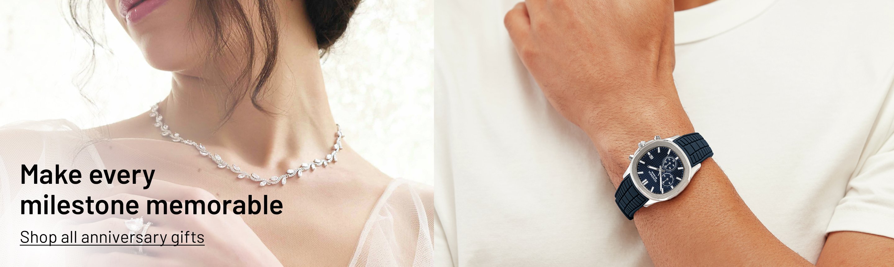 A split banner image of a man wearing Sekonda Men's Octaire Navy Silicone Strap Watch, Activity Superstore Mega Choice For Couples Gift Experience, and Jon Richard Cubic Zirconia Pave Wave Leaf Necklace.