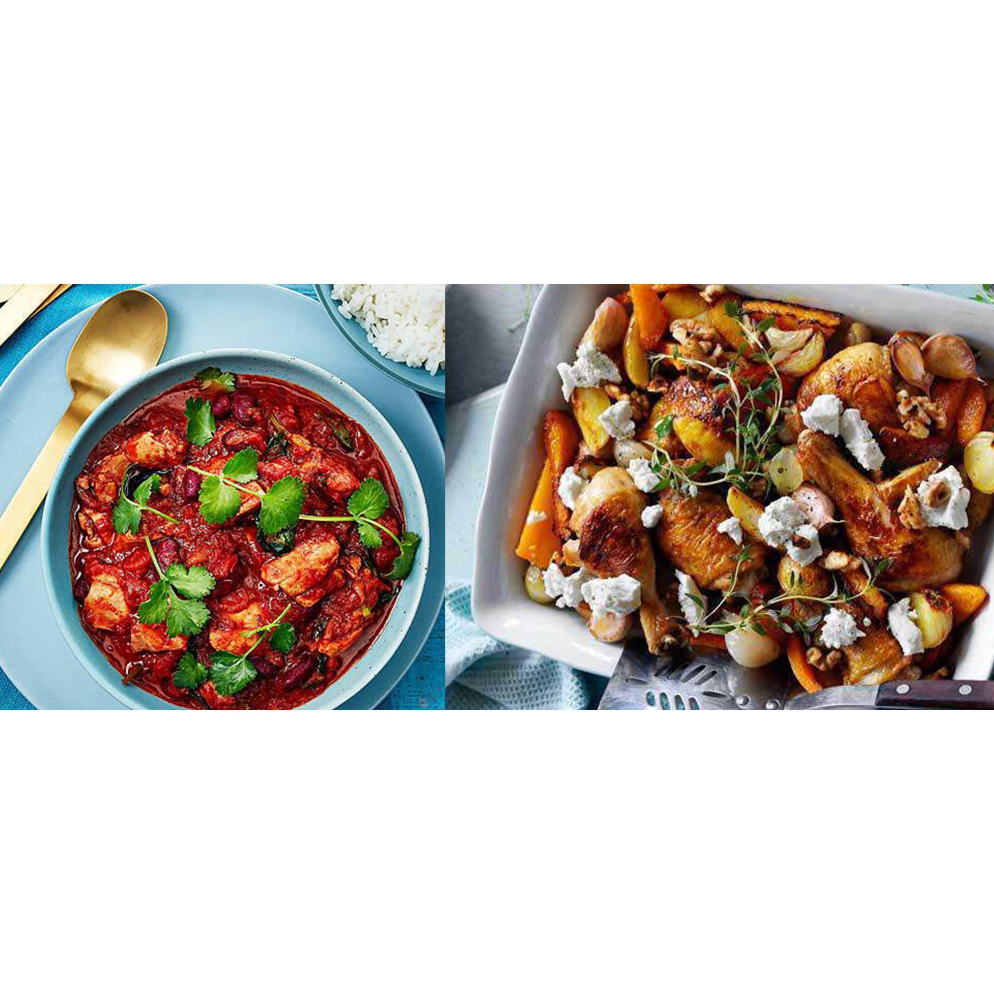 Dinner party menu ideas like Jerk-style chicken curry and Chicken traybake with butternut squash and walnuts.