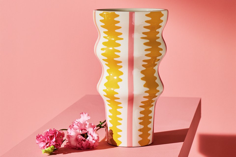 Habitat Stripe Flared Ceramic Pink & Yellow Vase.
