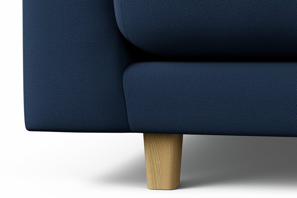: Close-up view of the front leg of Habitat Emely Fabric 2 Seater Sofa - Navy Blue - Ash Leg.