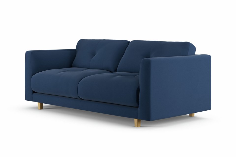 Side view of Habitat Emely Fabric 2 Seater Sofa - Navy Blue - Ash Leg.