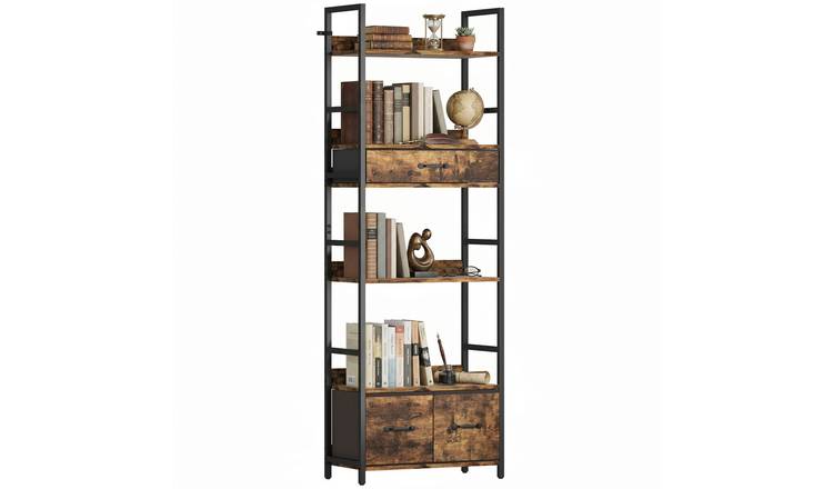 HOMCOM 6 Tier Industrial Storage Bookcase with 3 Fabric Drawers - Rustic Brown