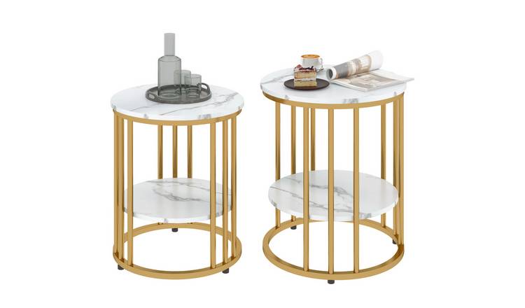 Homcom Set of 2 Round Marble Effect Steel Frame Coffee Tables – Gold