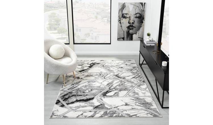 DS Living Carrara Marble Effect Rug - Cream & Silver - 150x80cm