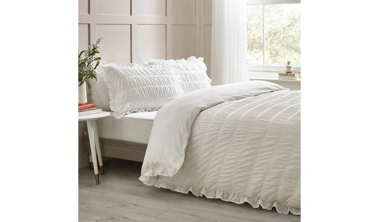 Catherine Lansfield Seersucker Frill Duvet Cover Set - Single - White