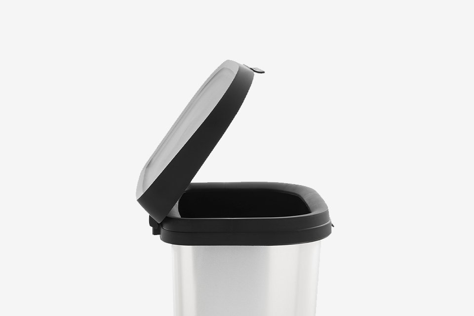 A silver Curver 50L Mistral lift top bin.